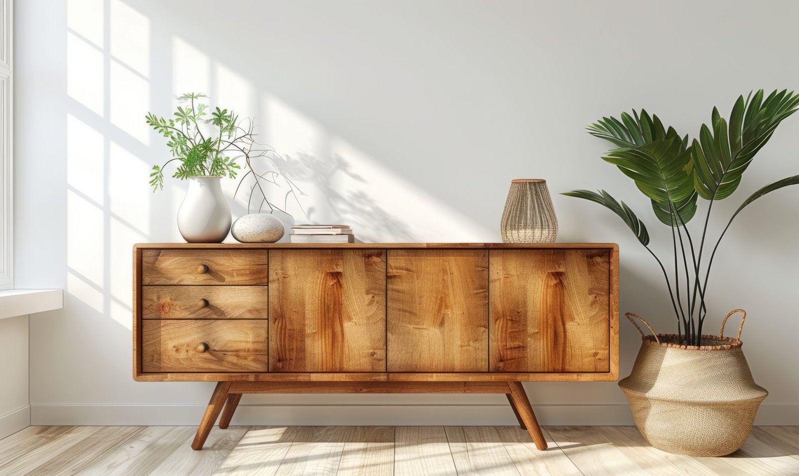 Wooden cabinet and accessories decor in living room interior on empty white wall background